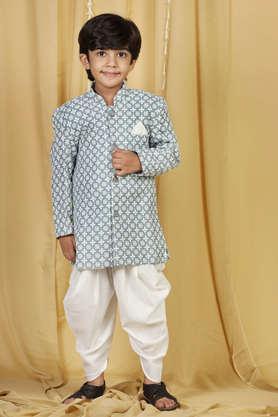 chikankari cotton collar neck boys sherwani set - sky blue