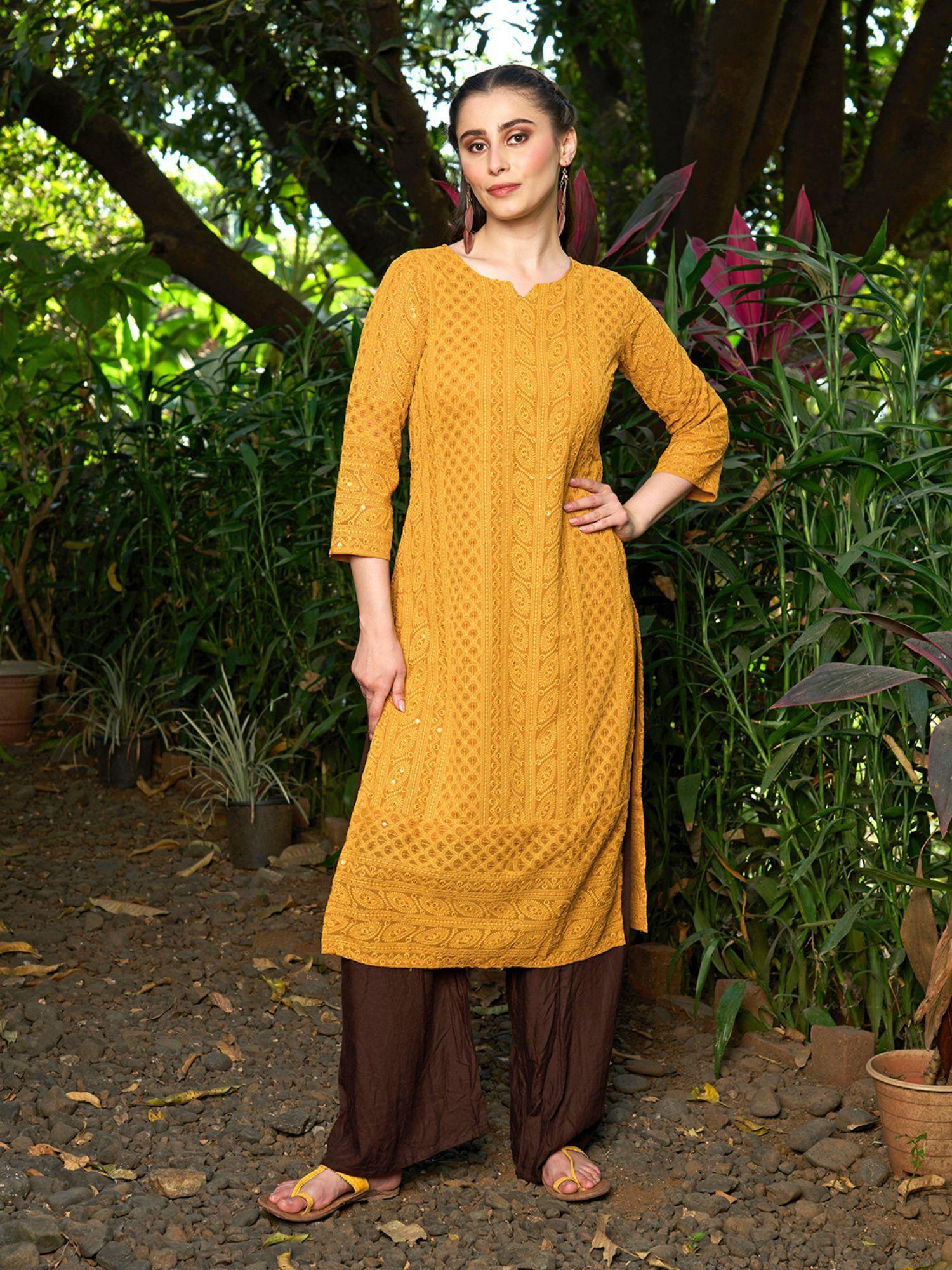 chikankari embroidered straight fit kurta - yellow