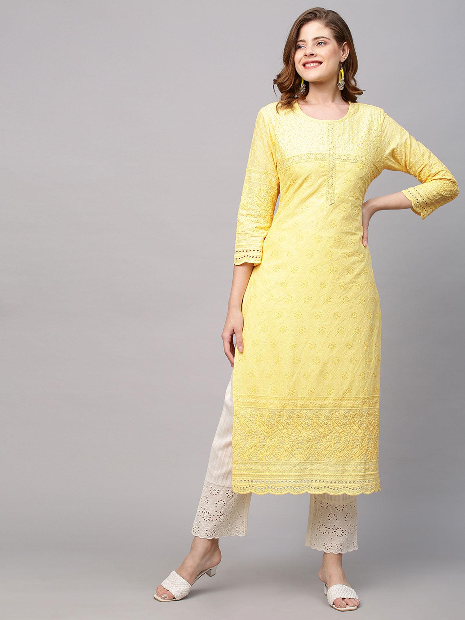 chikankari embroidered straight fit kurta - yellow