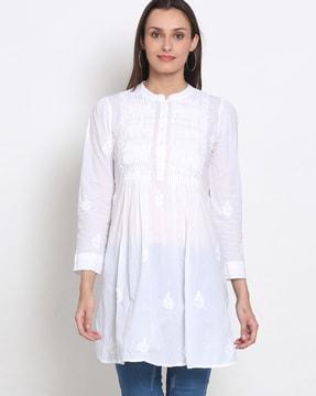 chikankari embroidered tunic with mandarin collar