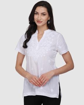 chikankari embroidered tunic with notched neckline