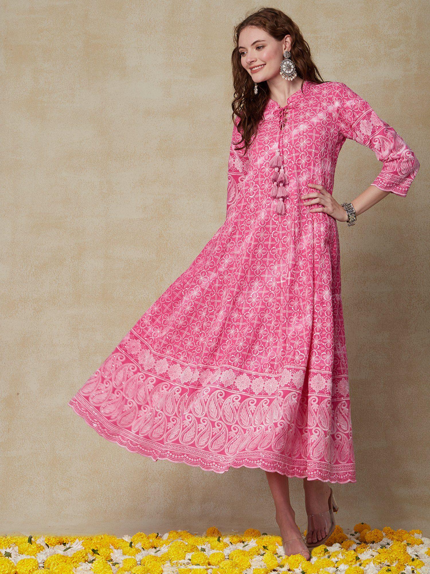 chikankari maxi dress - pink