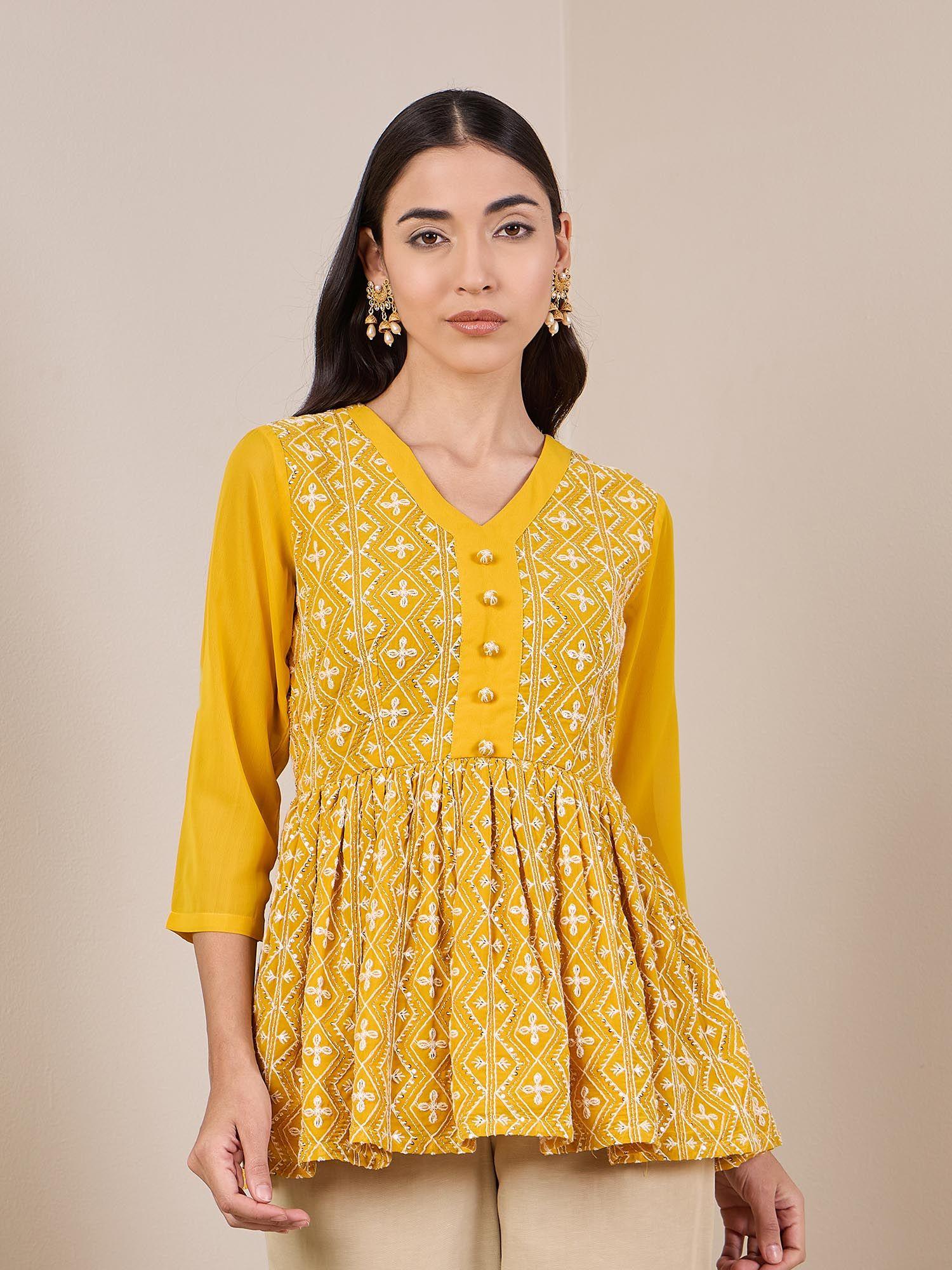 chikankari mustard short kurti for women