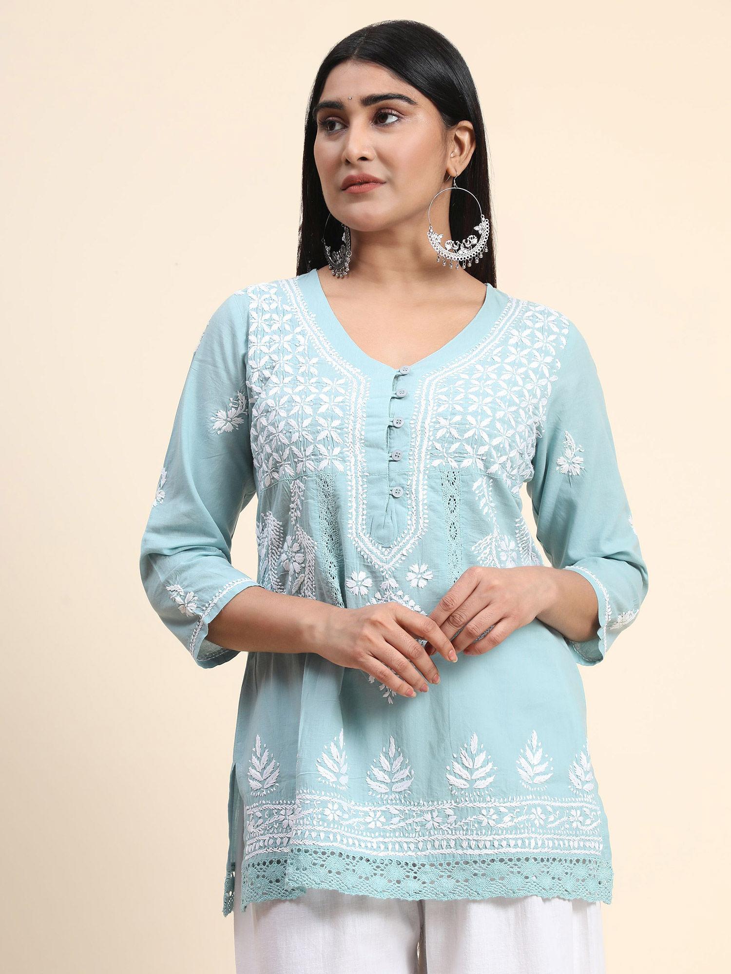 chikankari tunic for women in sky blue