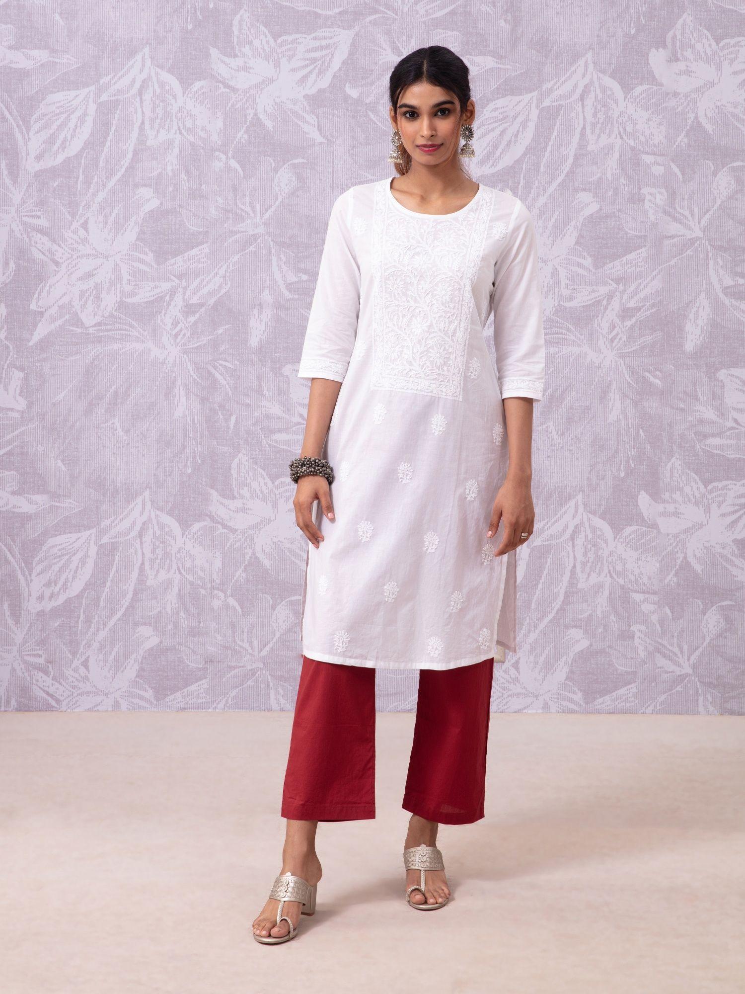 chikankari white hand embroidered straight kurta likkur117