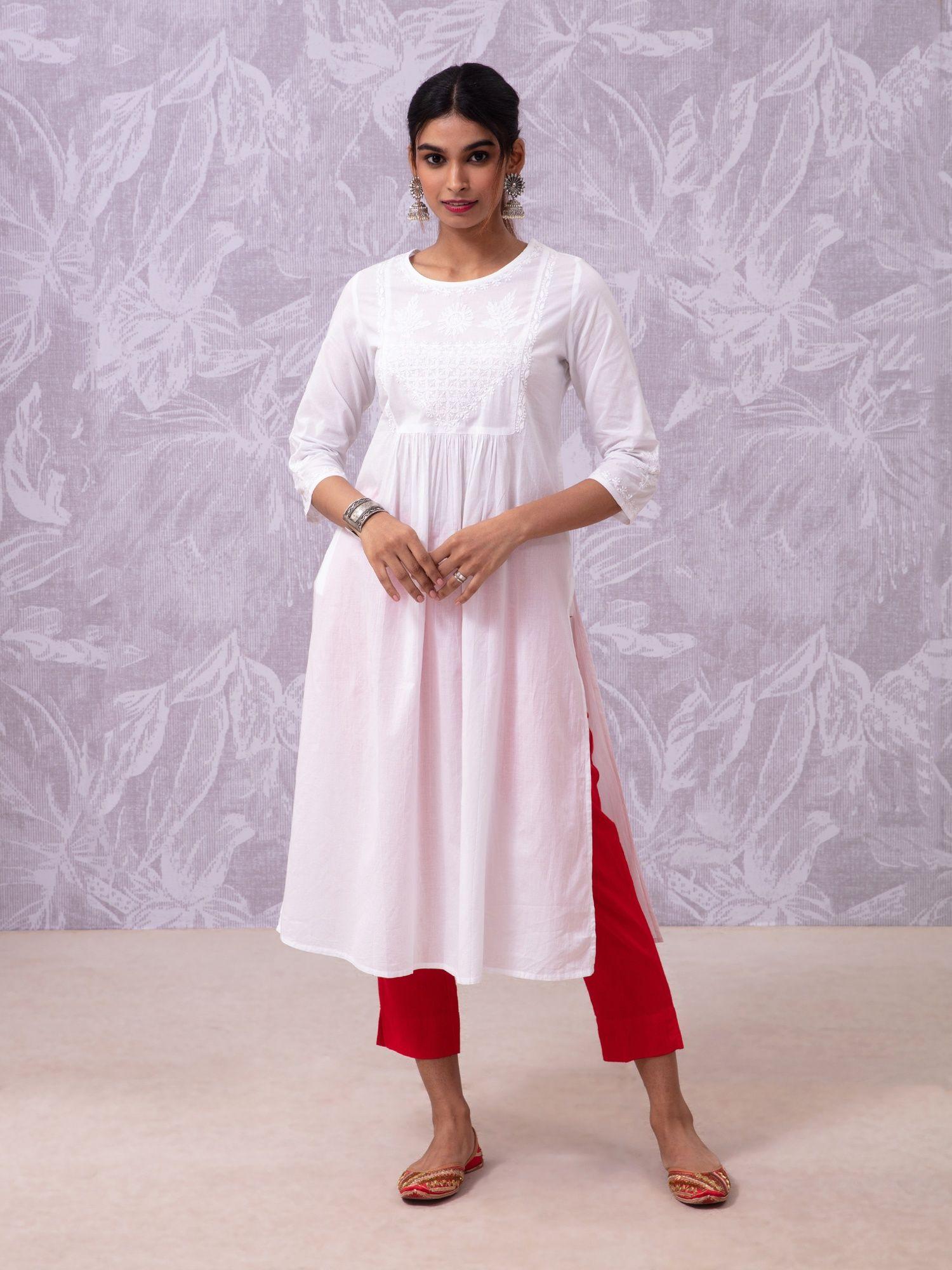 chikankari white hand embroidered yoke kurta likkur116