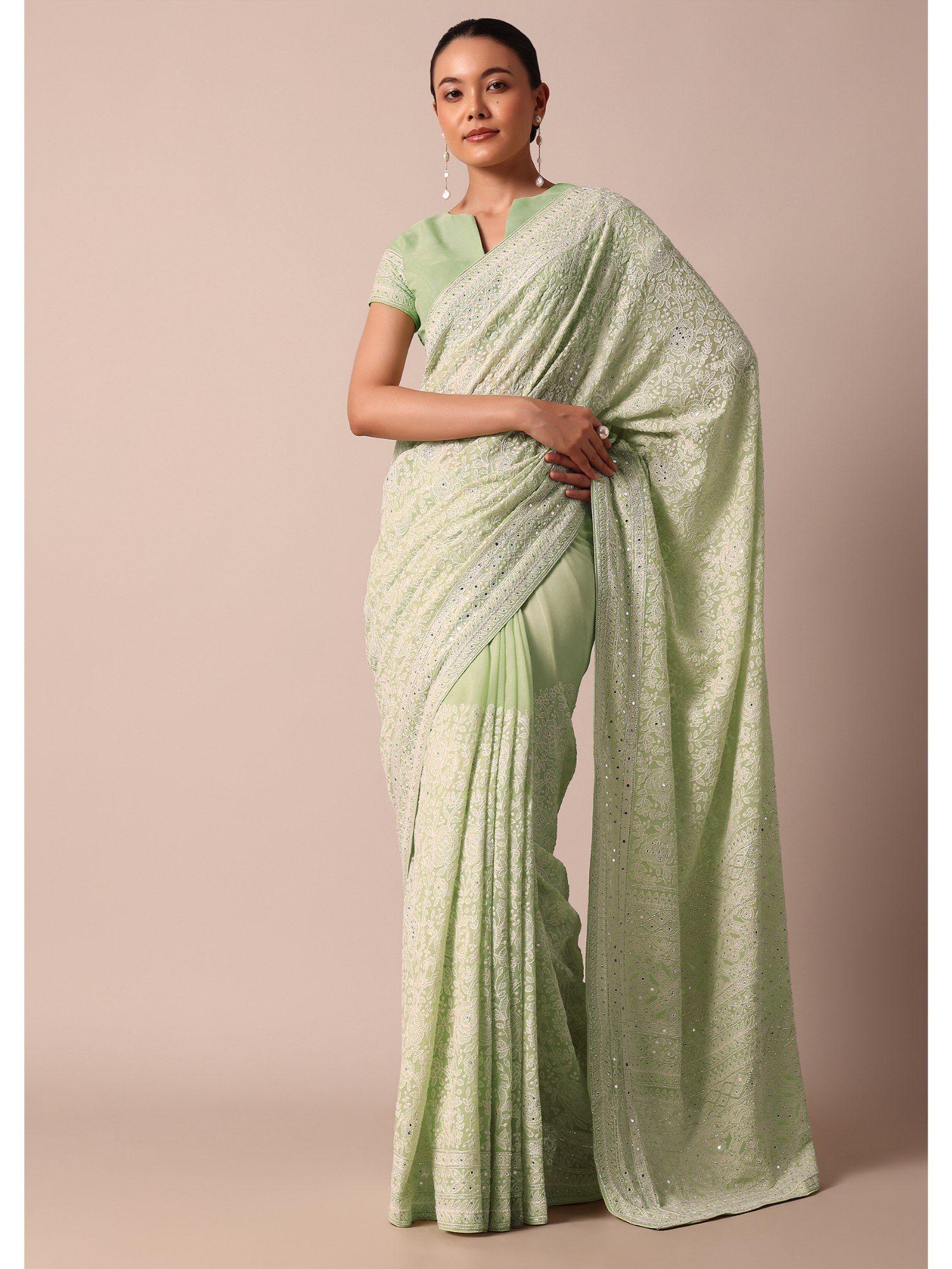 chikankari work green lucknowi sequin saree and unstitched blouse piece