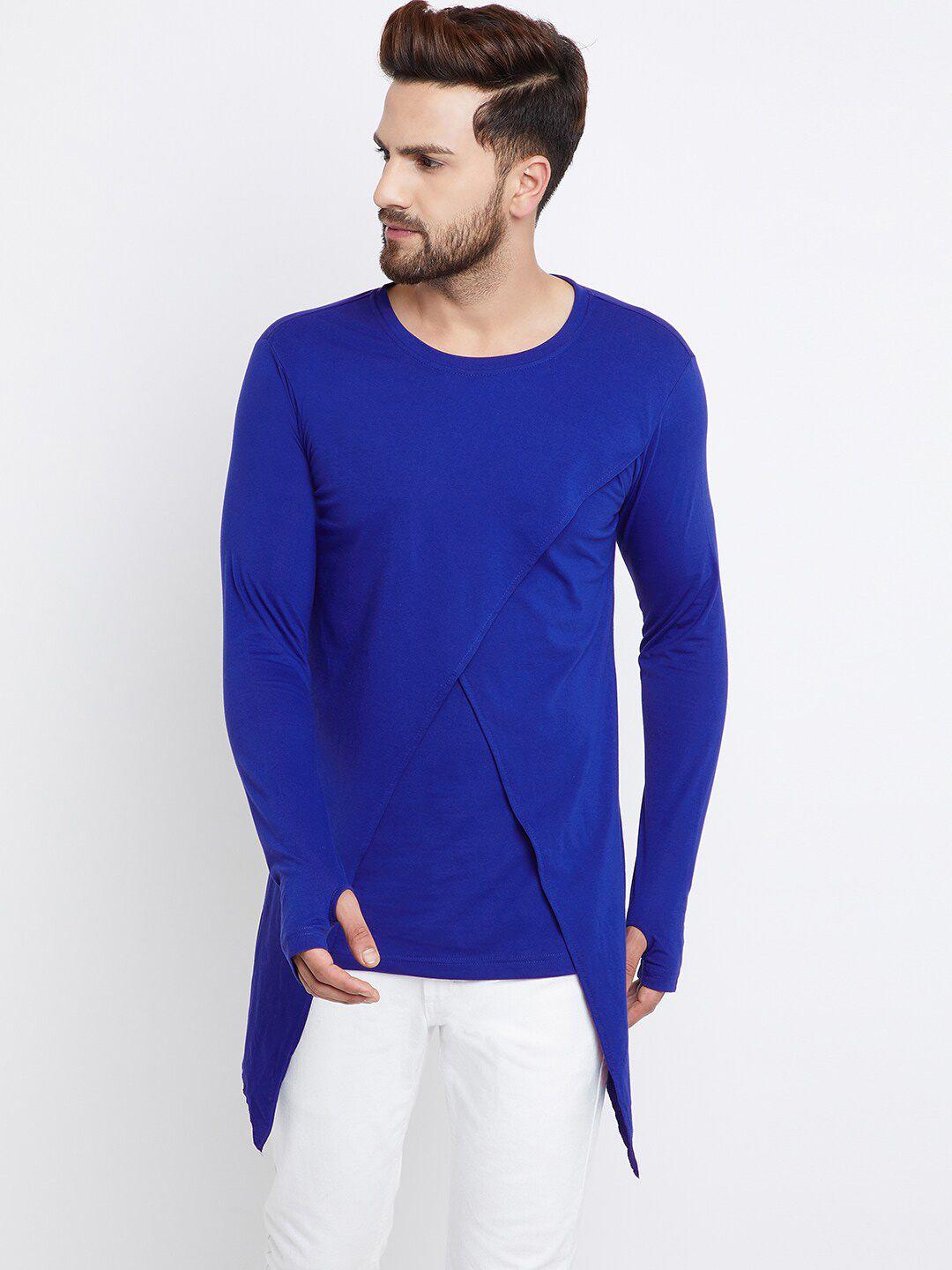 chill winston men blue long sleeves round neck asymmetric hem cotton layered t shirt