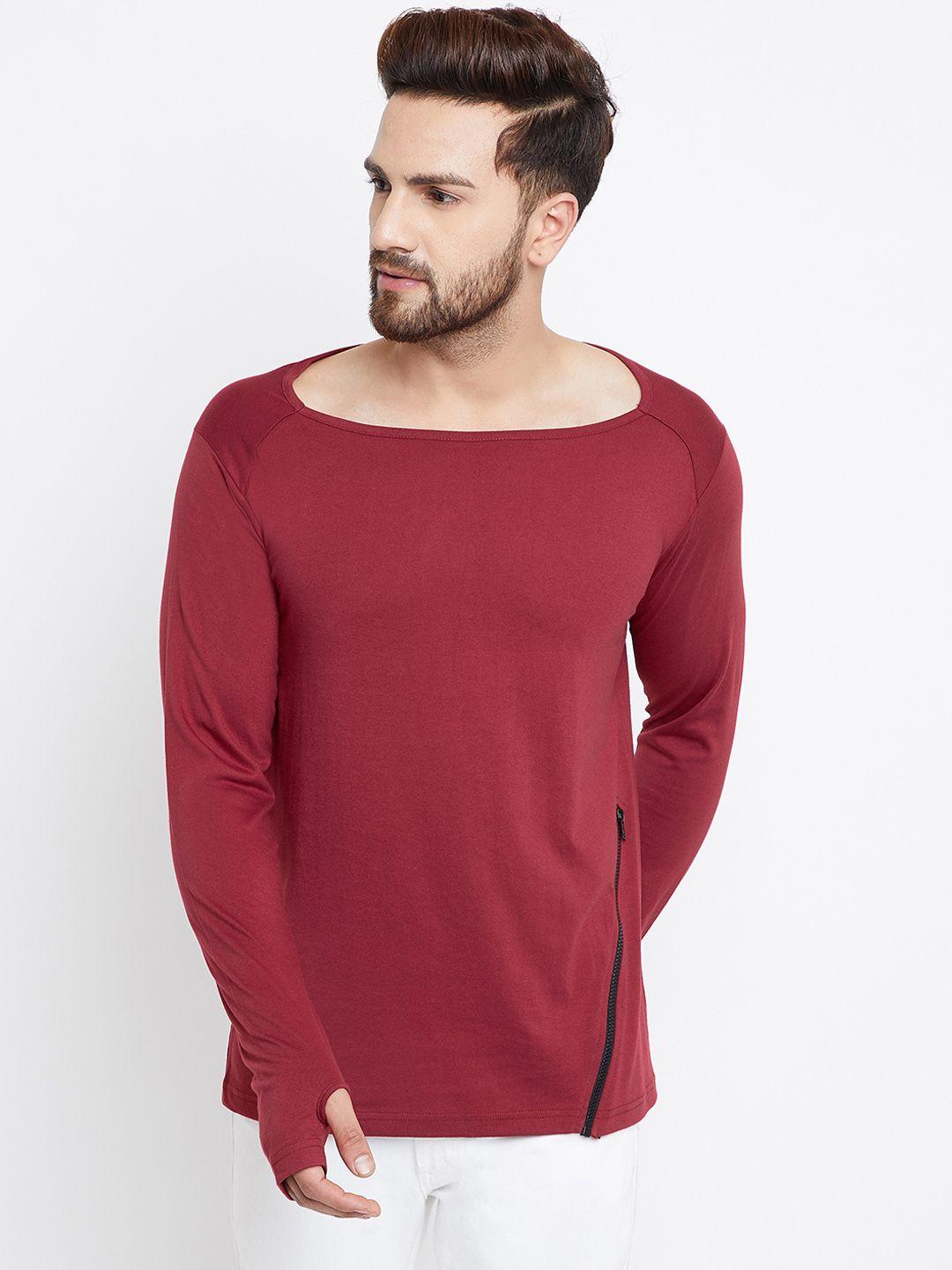 chill winston men maroon solid boat neck t-shirt