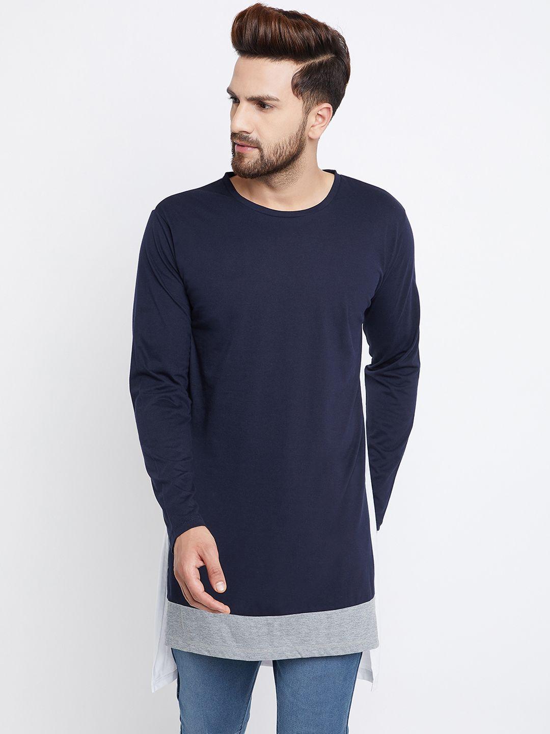 chill winston men navy blue colourblocked round neck longline t-shirt