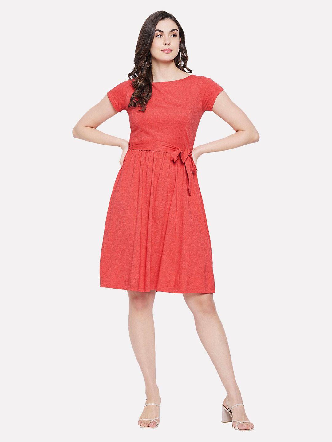 chill winston women red solid cotton fit and flare dress