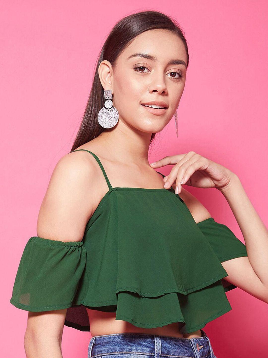 chimpaaanzee green cold-shoulder sleeves layered a-line crop top