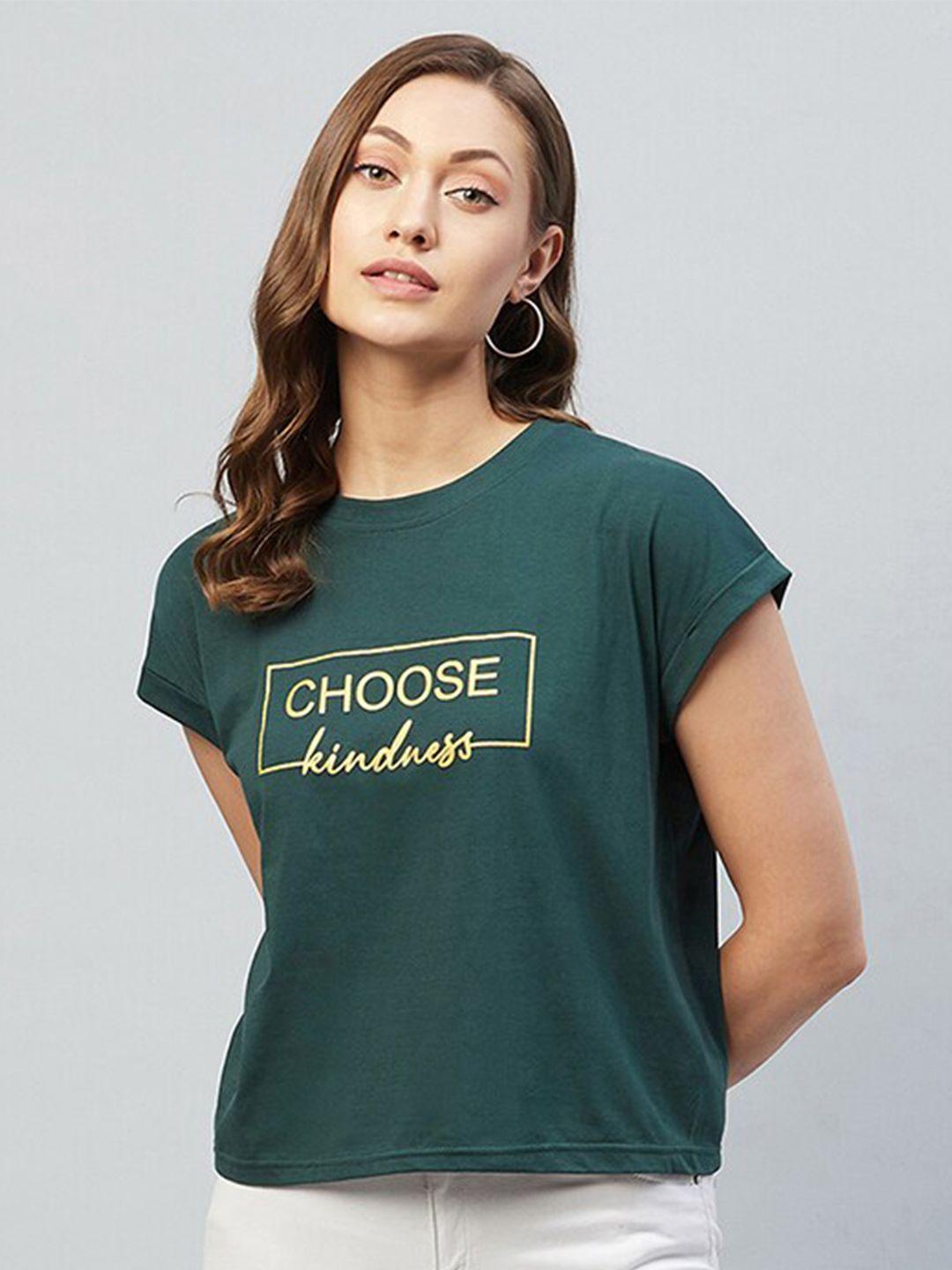 chimpaaanzee women green typography printed extended sleeves loose t-shirt