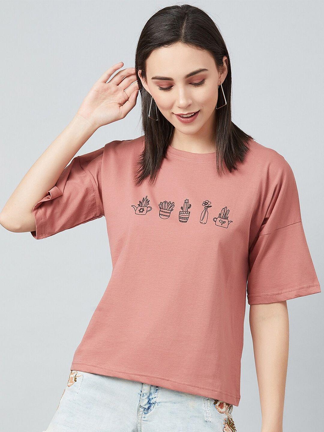 chimpaaanzee women pink printed drop-shoulder sleeves t-shirt