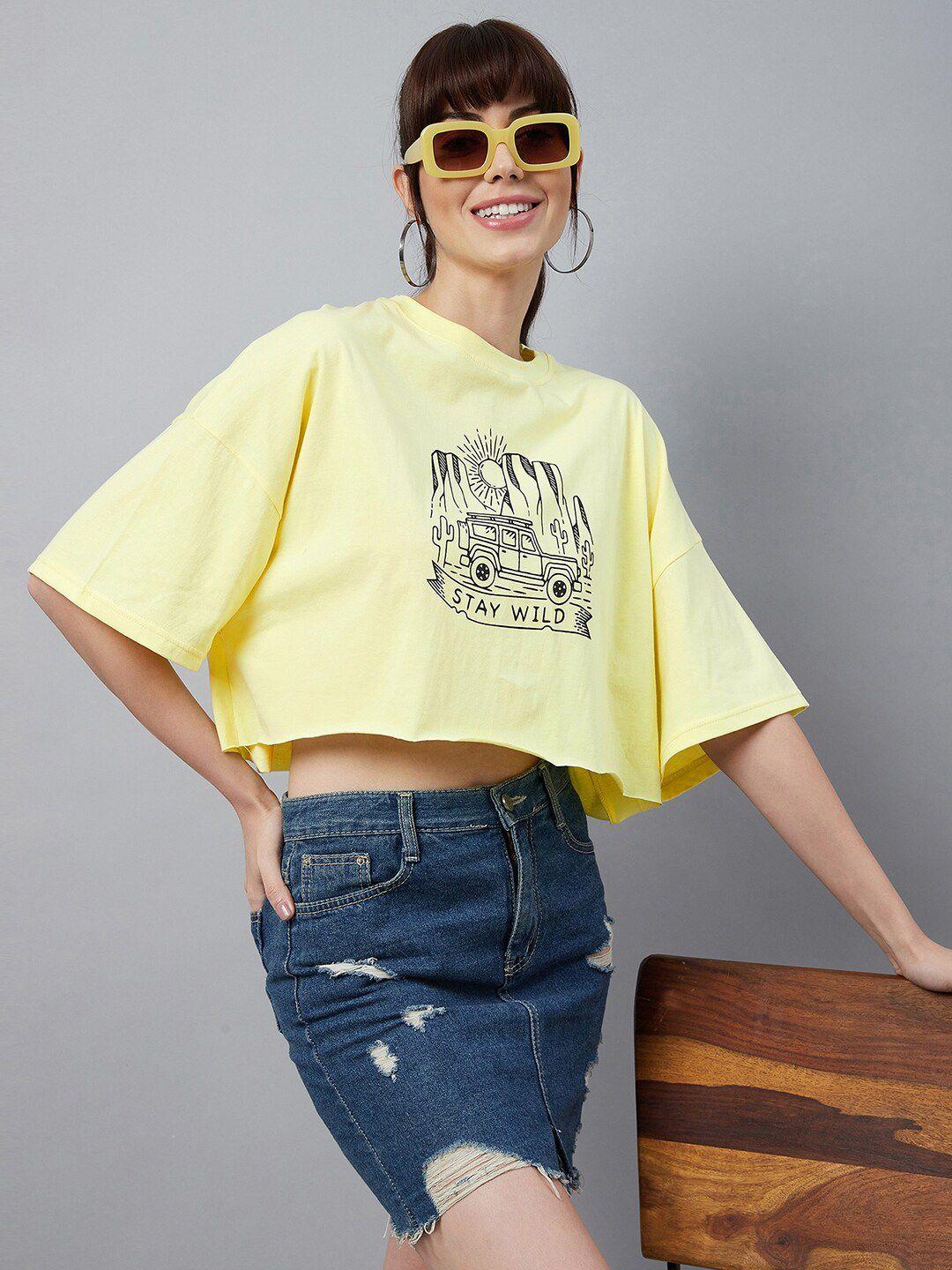 chimpaaanzee women yellow typography printed loose t-shirt