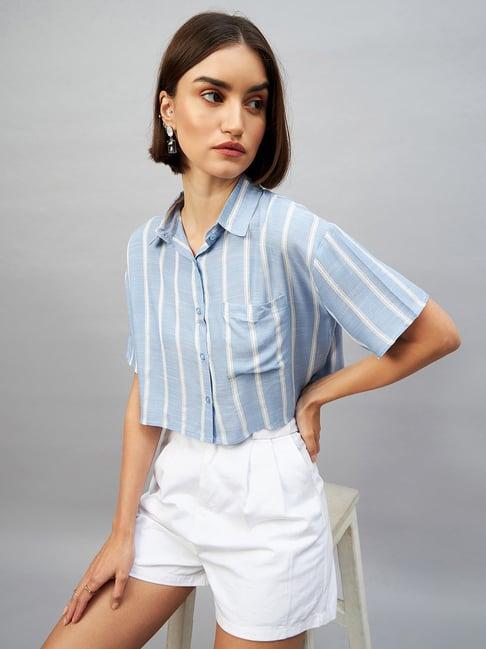 chimpaaanzee blue & white viscose striped cropped shirt