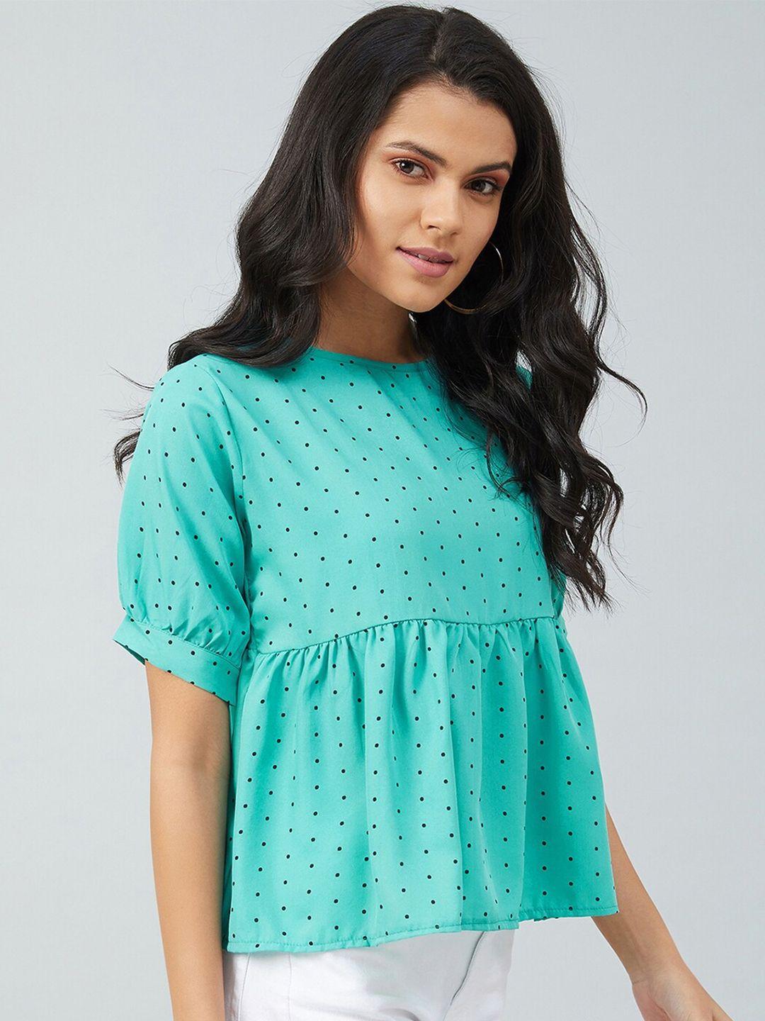 chimpaaanzee sea green polka dot printed gathered a-line top