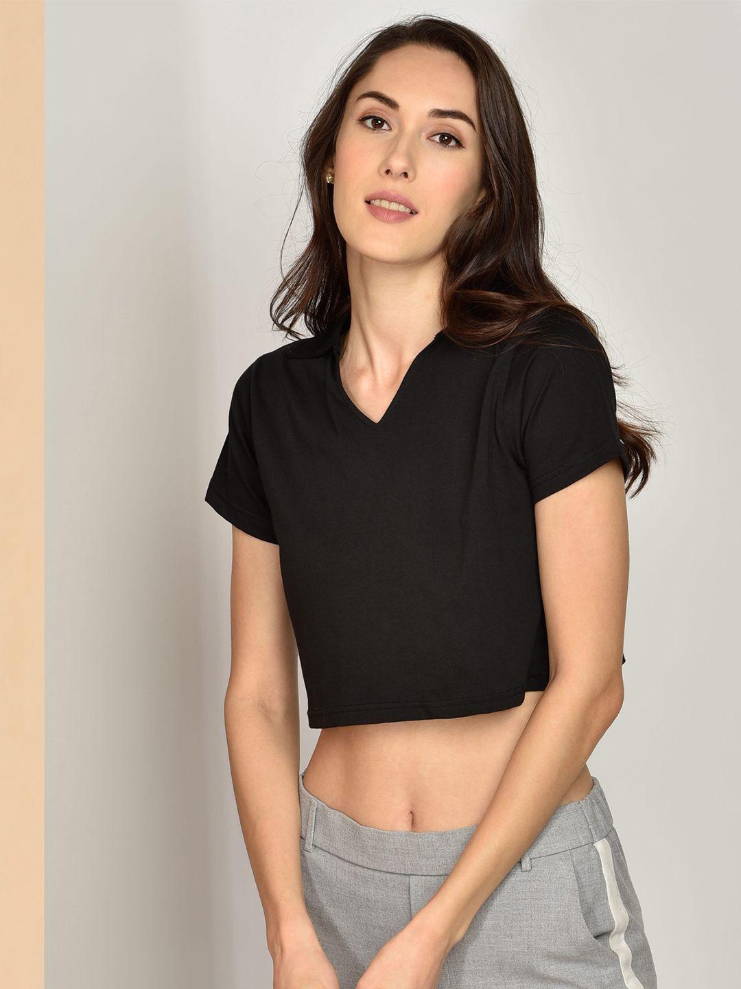 chimpaaanzee women black solid pure cotton crop top