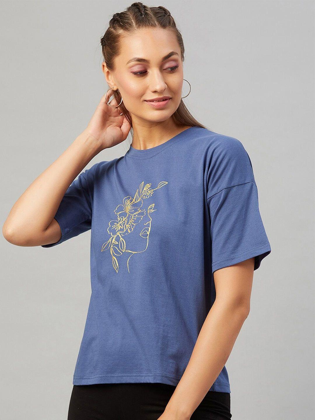 chimpaaanzee women blue solid floral print  drop shoulder t-shirt