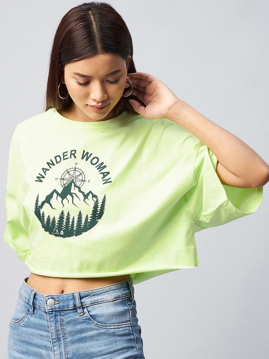 chimpaaanzee women green printed drop-shoulder sleeves loose cotton t-shirt