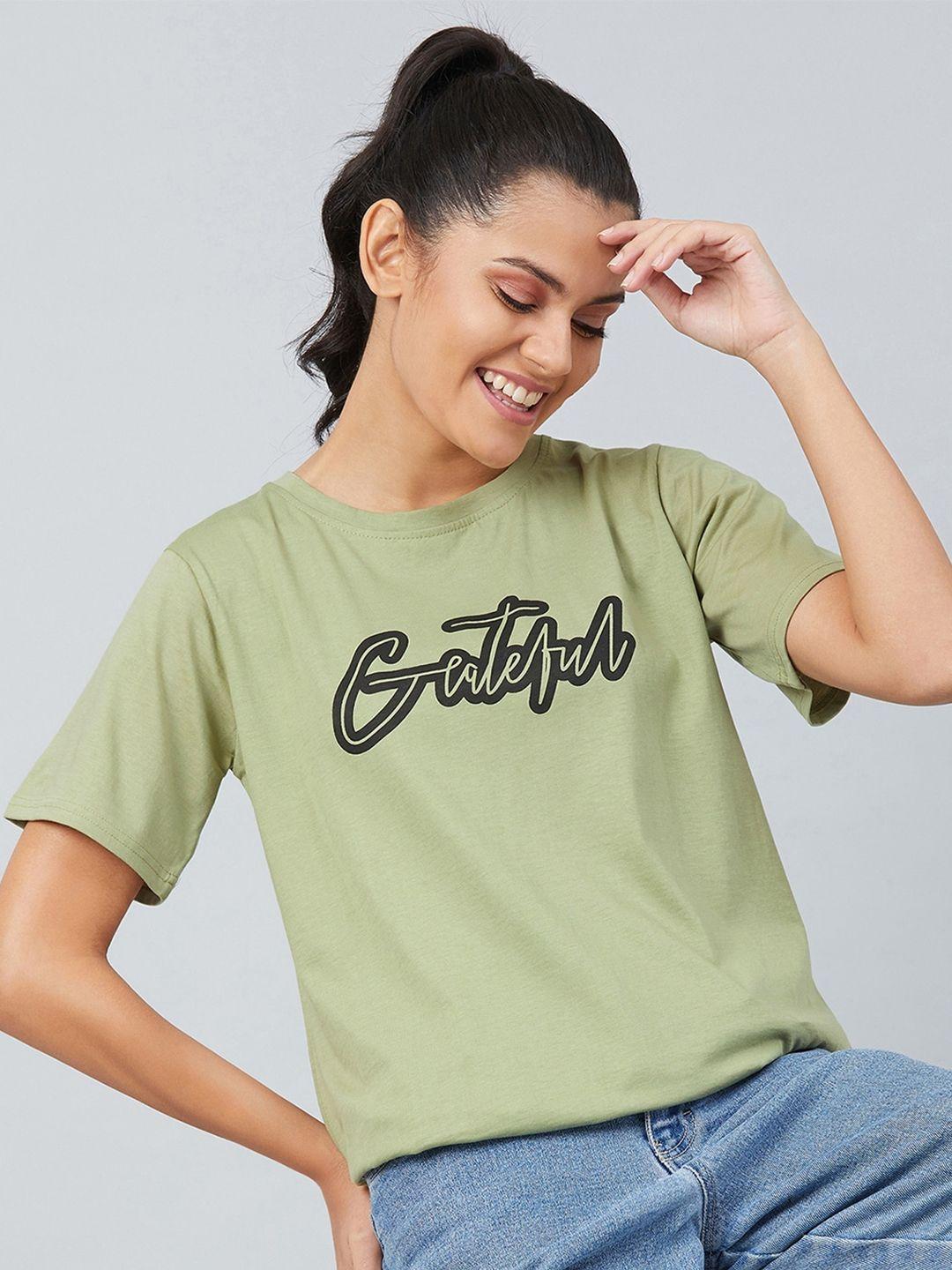 chimpaaanzee women green typography printed loose cotton t-shirt