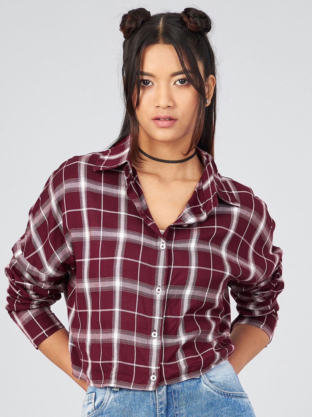 chimpaaanzee women maroon boxy tartan checks printed casual shirt