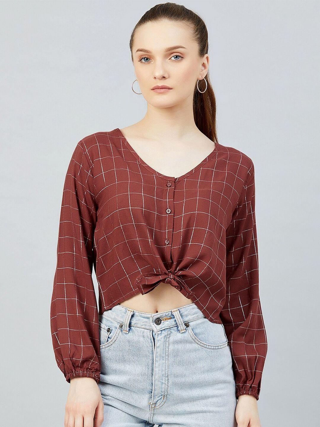 chimpaaanzee women maroon checked crop top