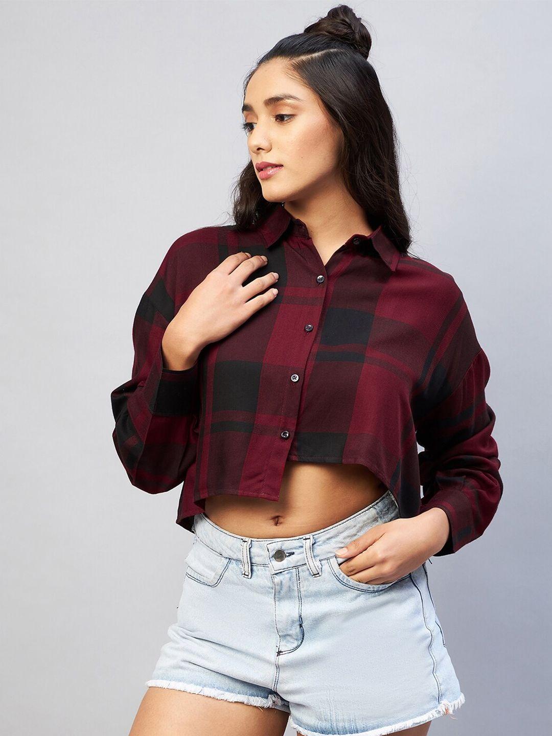 chimpaaanzee women maroon relaxed tartan checks casual shirt