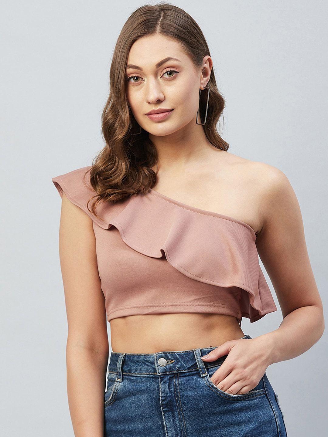 chimpaaanzee women pink one shoulder ruffles crop top