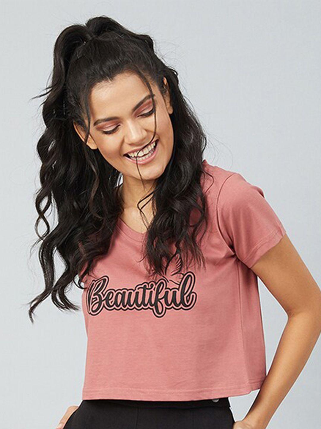 chimpaaanzee women pink typography regular 100% cotton crop t-shirt