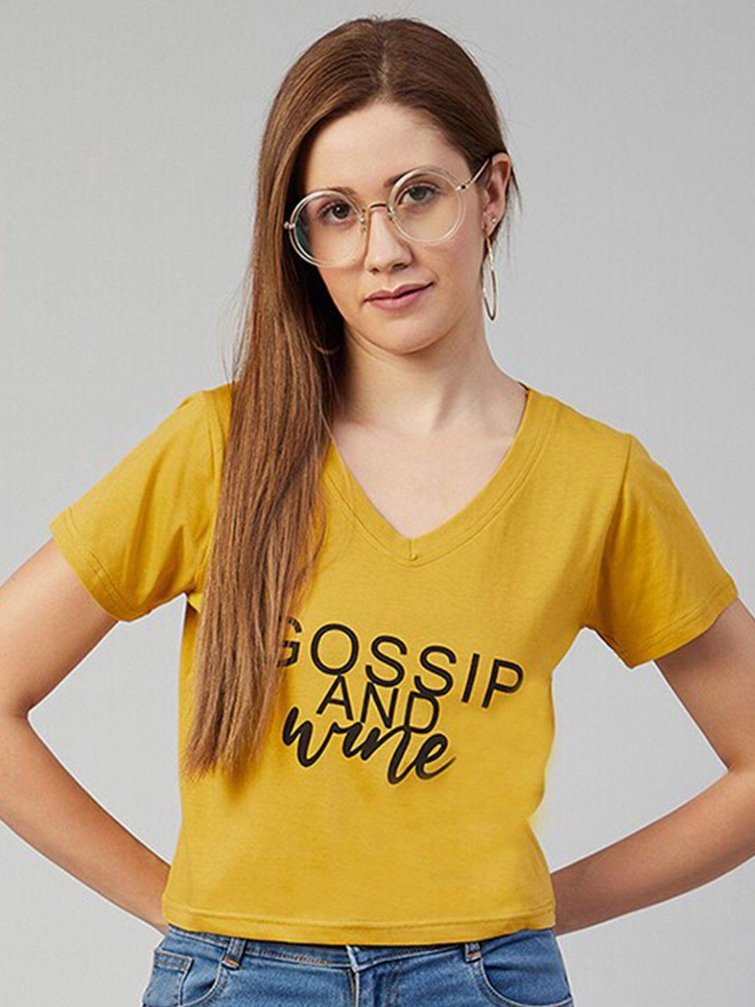 chimpaaanzee women yellow typography printed v-neck crop t-shirt