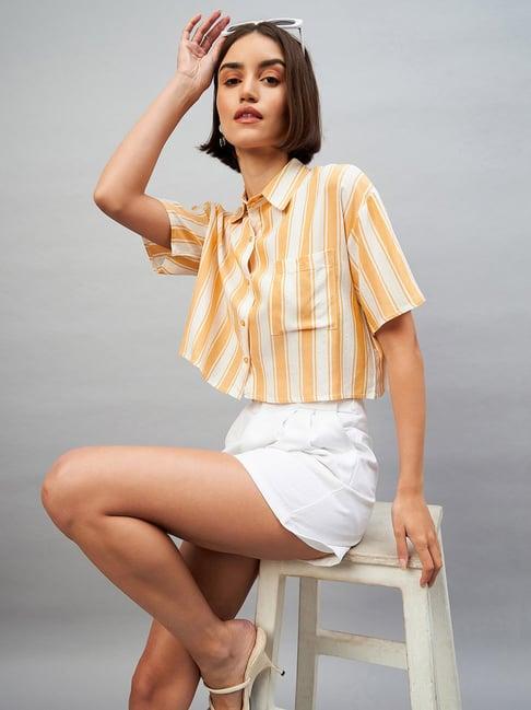 chimpaaanzee yellow & white viscose striped cropped shirt