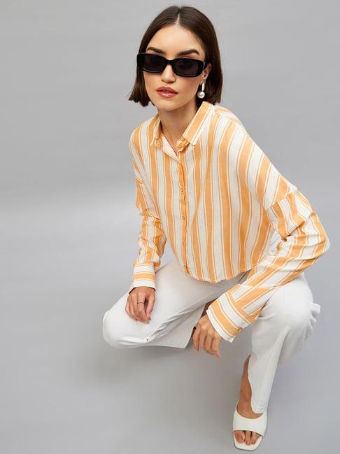 chimpaaanzee yellow & white viscose striped oversized crop shirt