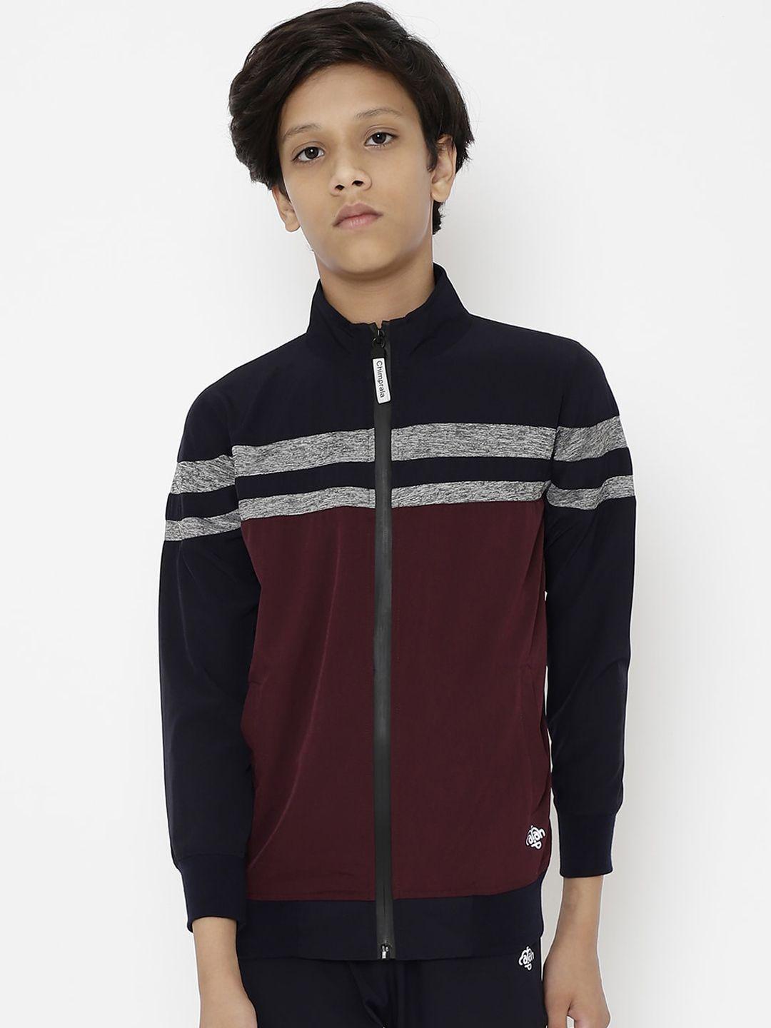 chimprala boys navy blue & burgundy striped running sporty jacket