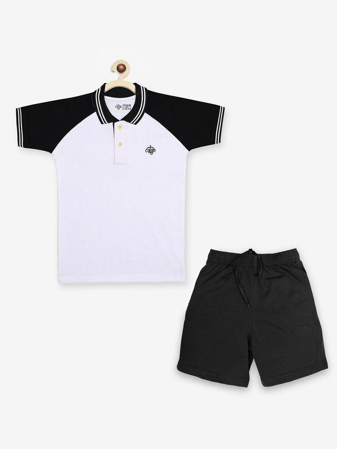 chimprala boys white & black polo collar t-shirt with shorts