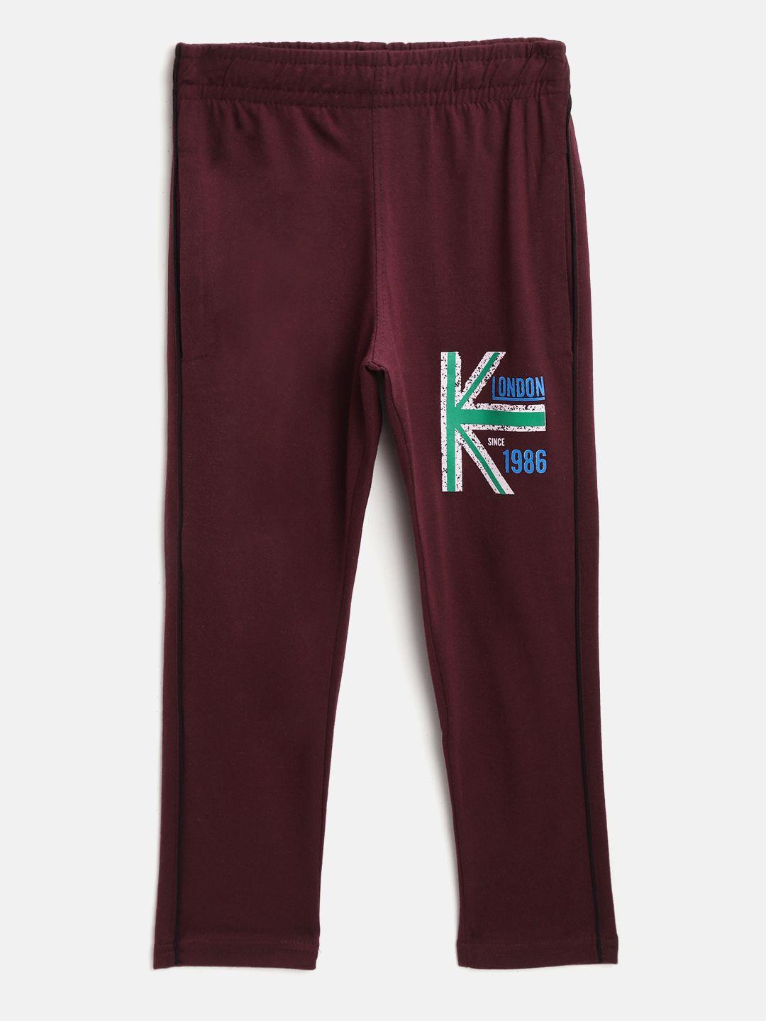 chimprala kids burgundy cotton solid antimicrobial track pants with printed detail