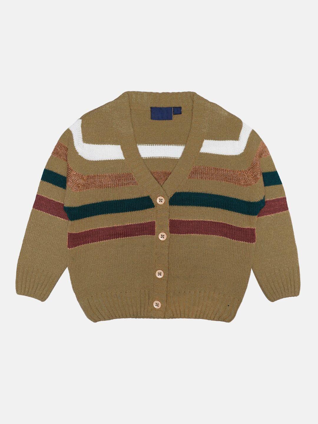 chimprala kids camel brown & white striped woolen cardigan