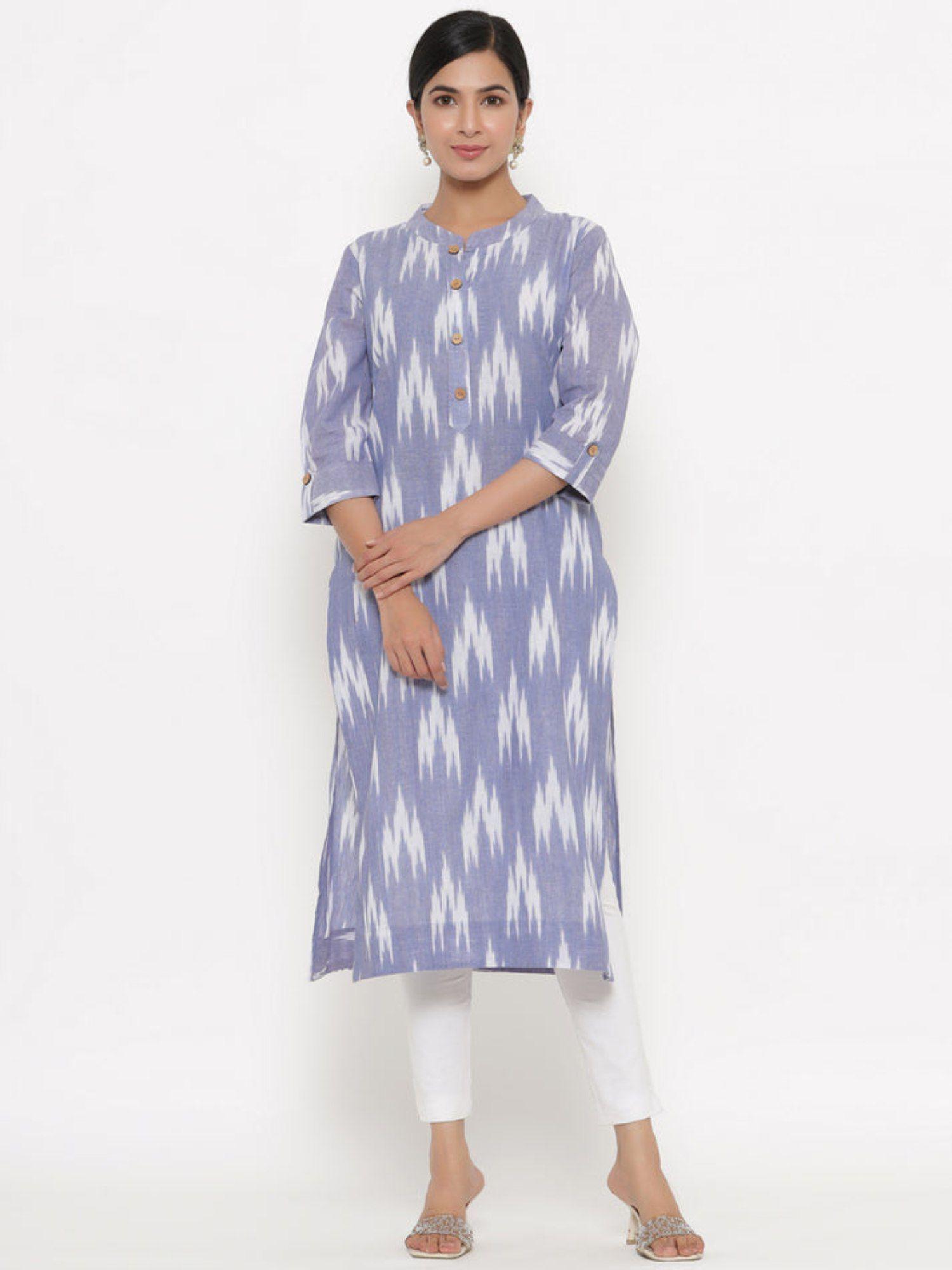 chinese collar blue ikkat printed kurta