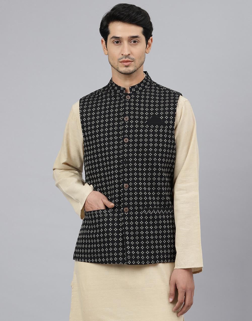 chinese collar cotton dobby print nehru jacket