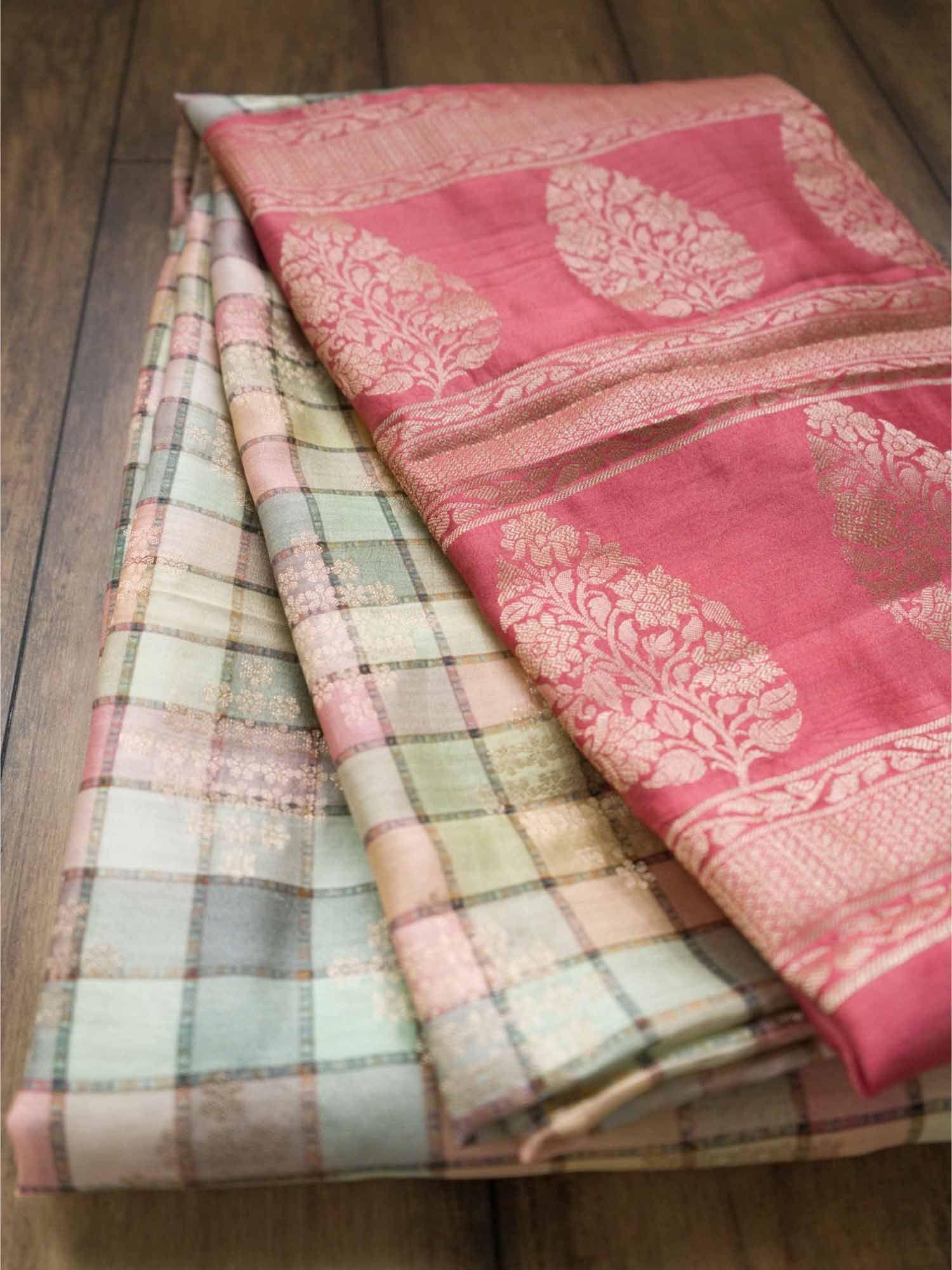 chiniya silk geometrical checks saree with unstitched blouse