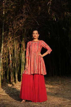 chinon silk candy stripes print peplum kurti with sharara - pink