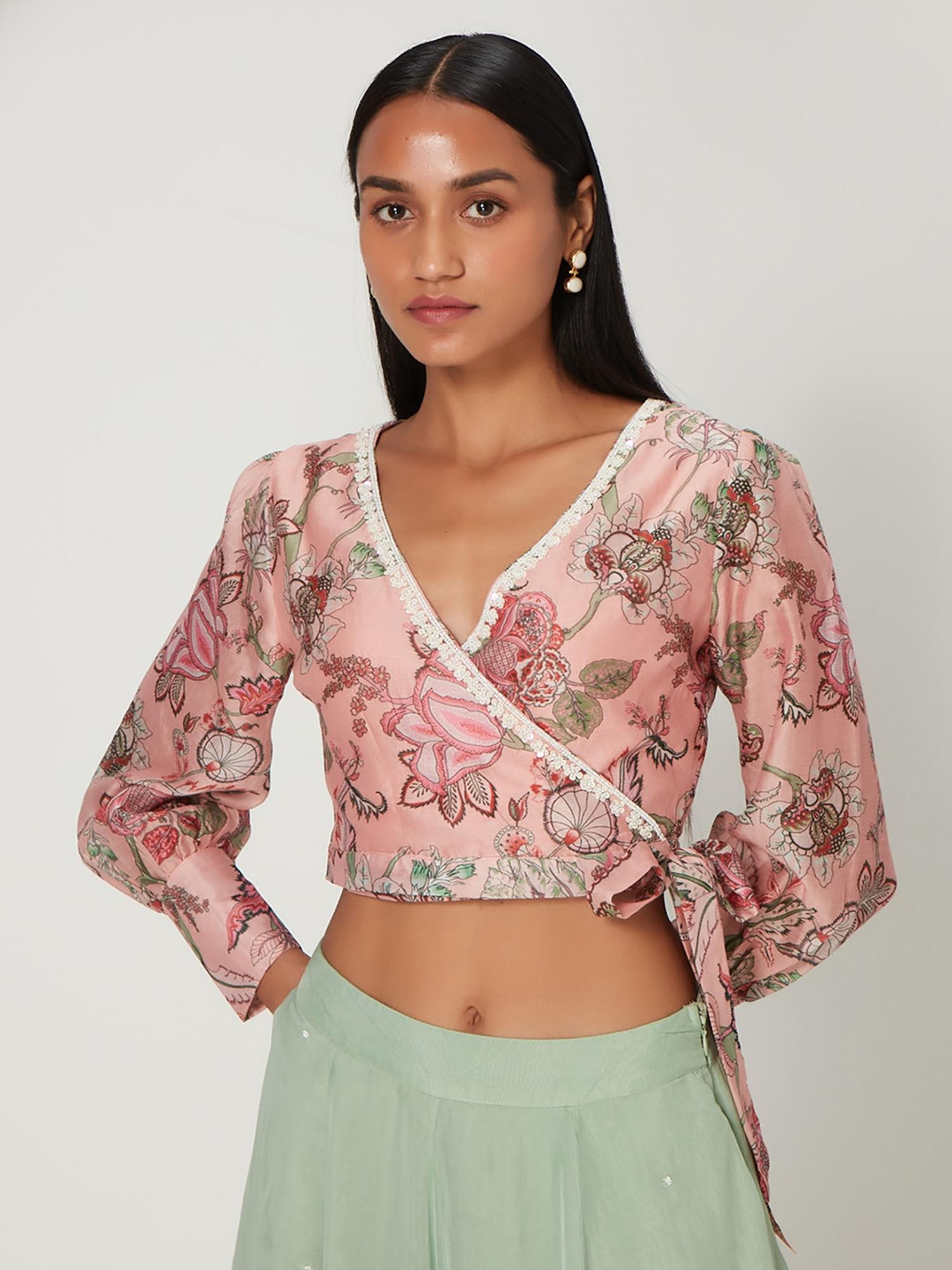 chintz printed overlap tie-up top