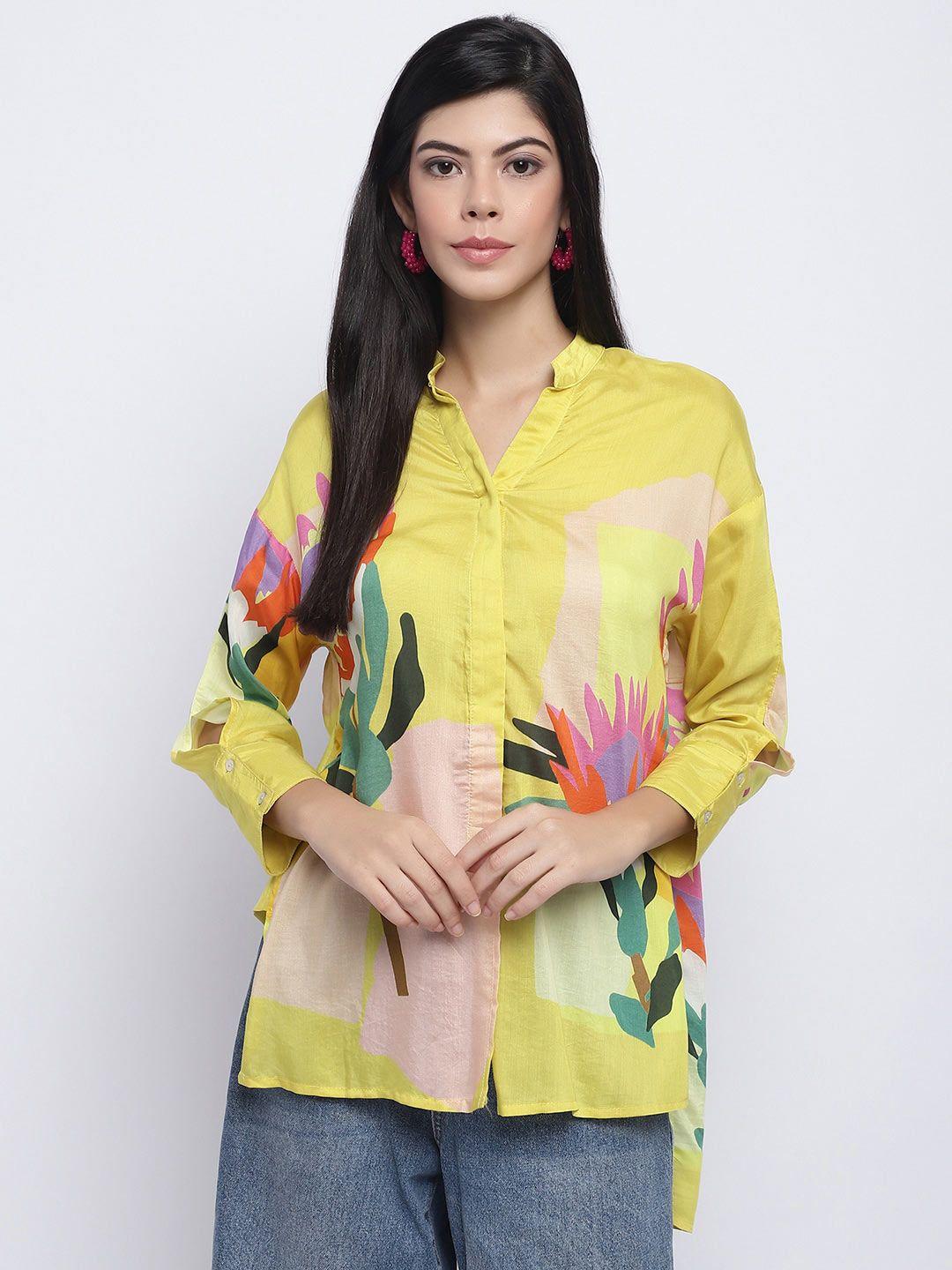 chique floral printed band collar opaque high-low hem casual shirt