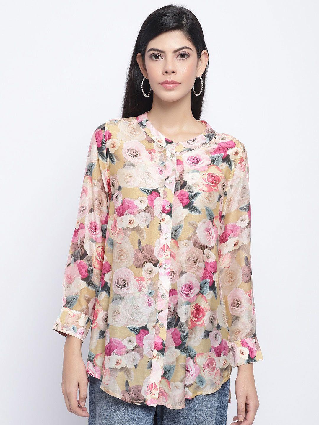 chique floral printed mandarin collar longline casual shirt