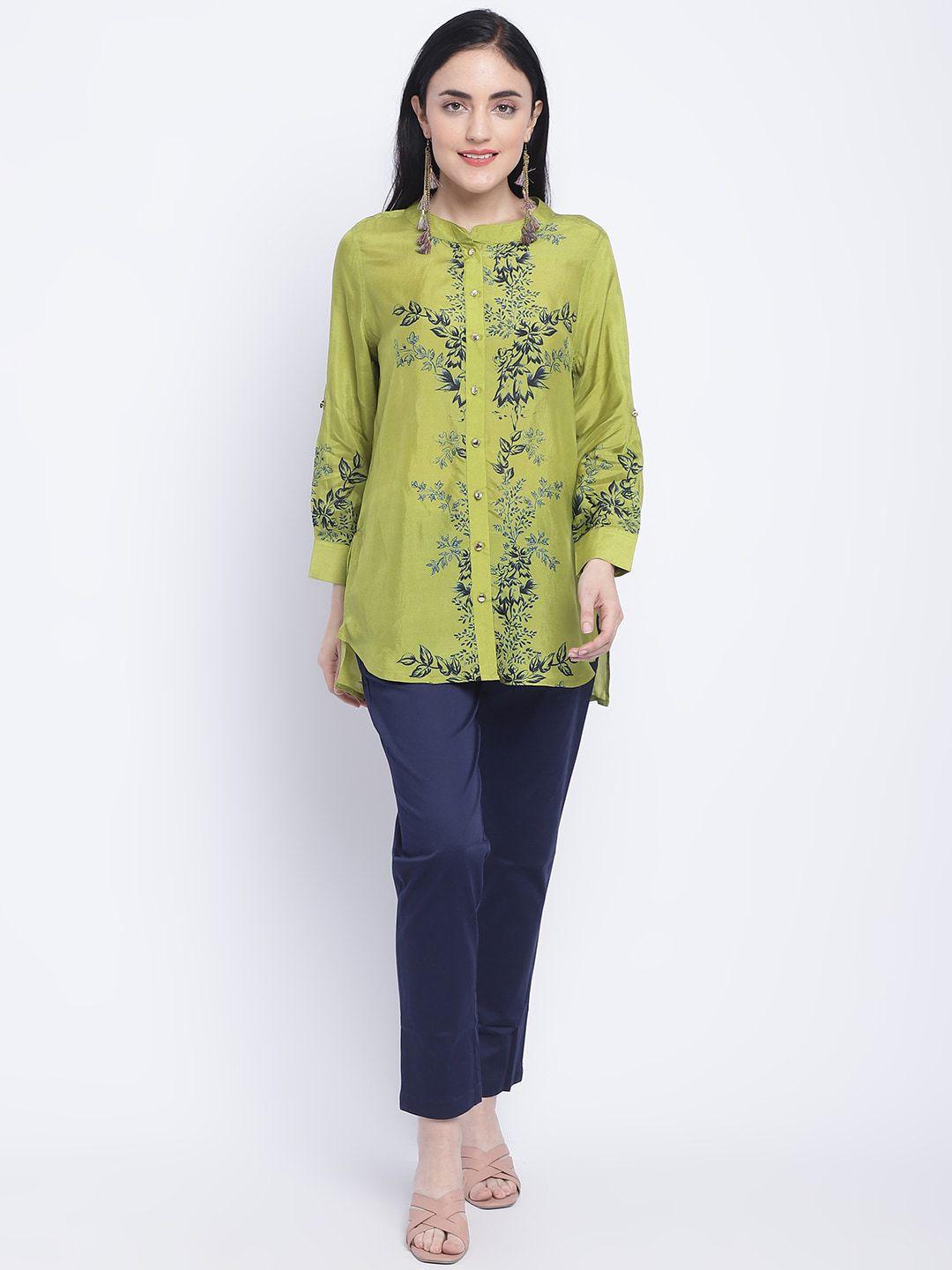 chique floral printed mandarin collar rolled up sleeves cotton shirt style top