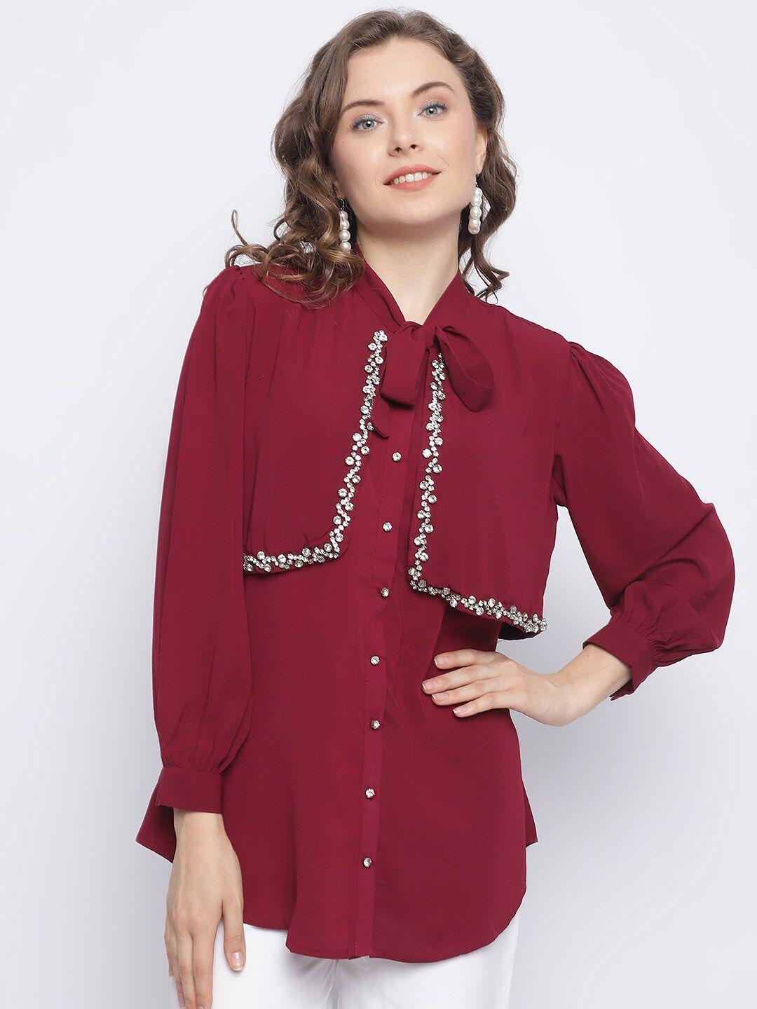 chique maroon tie-up neck georgette shirt style top