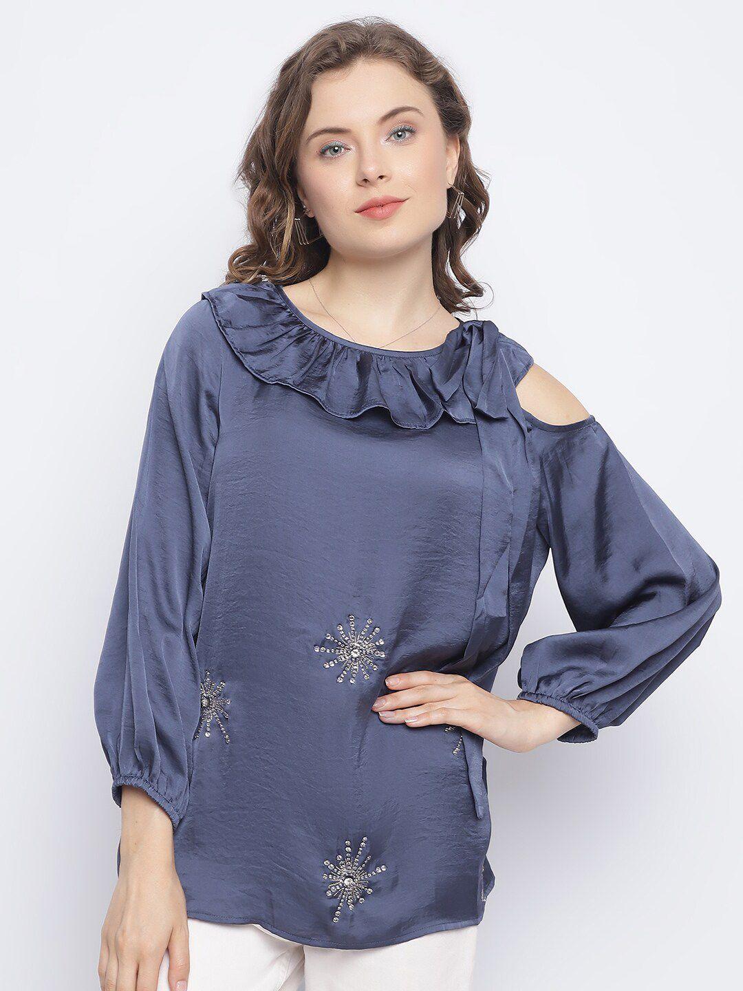 chique women blue floral opaque party shirt