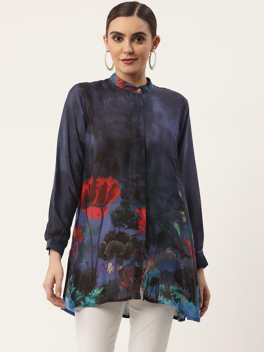 chique women blue floral semi sheer printed casual shirt