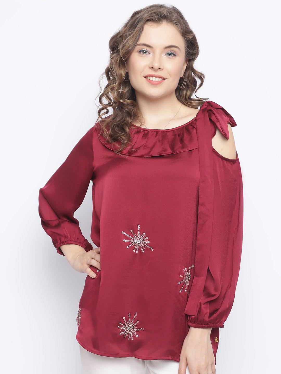 chique women maroon floral opaque party shirt