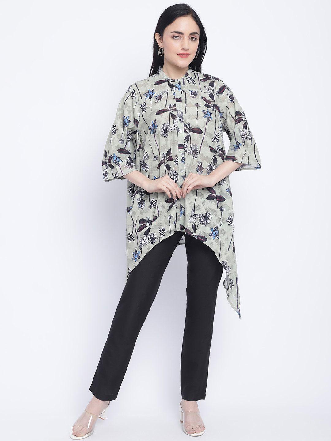 chique women olive green floral opaque printed casual shirt